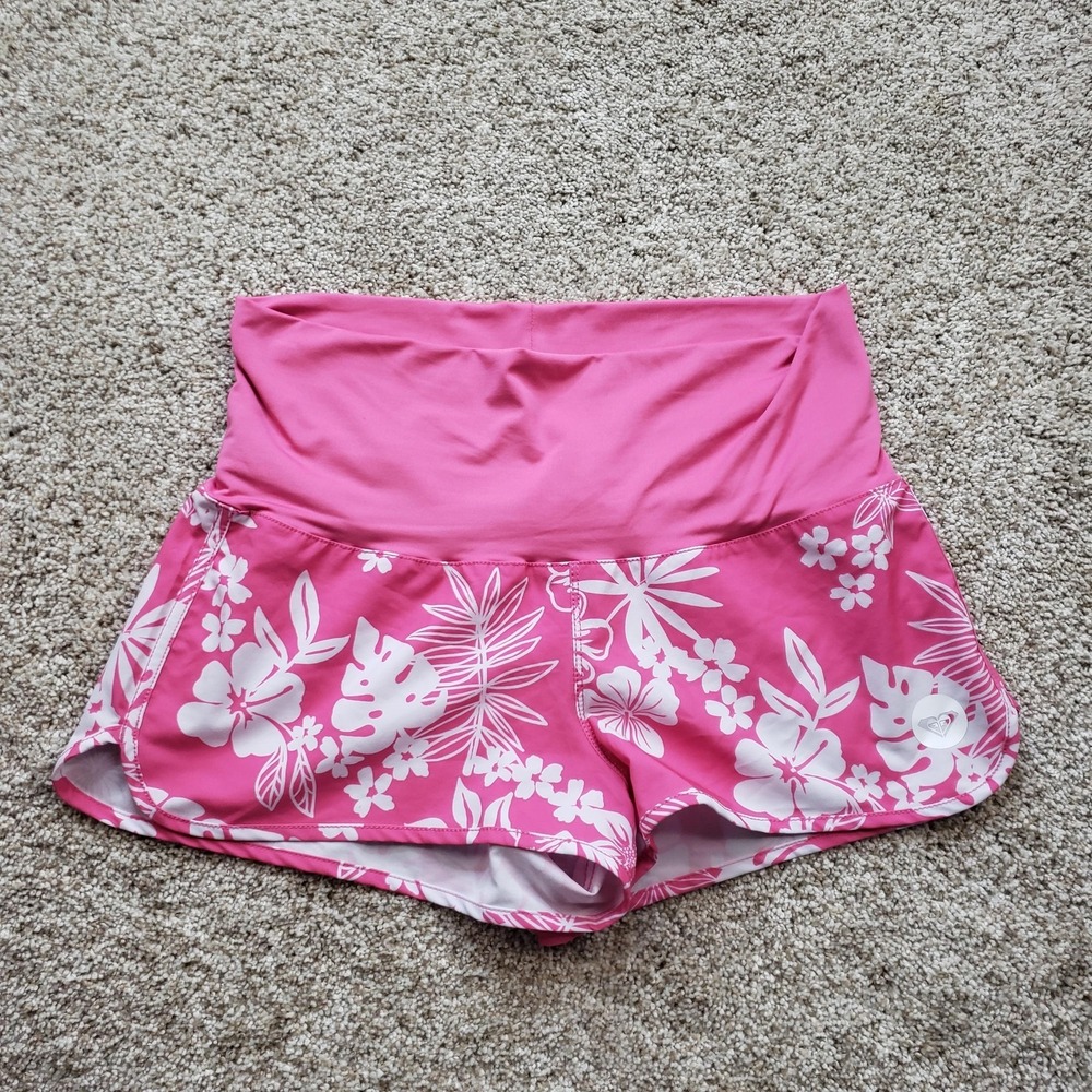 ROXY Maternity Swim Shorts Womens L Pink Floral Lined Stretch Pregnancy Pool